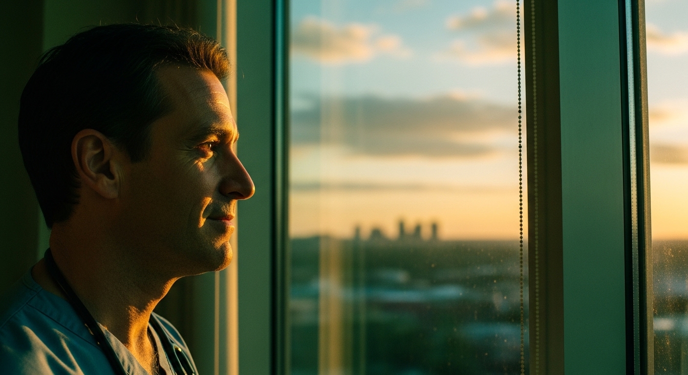 Médico tranquilo ao pôr do sol